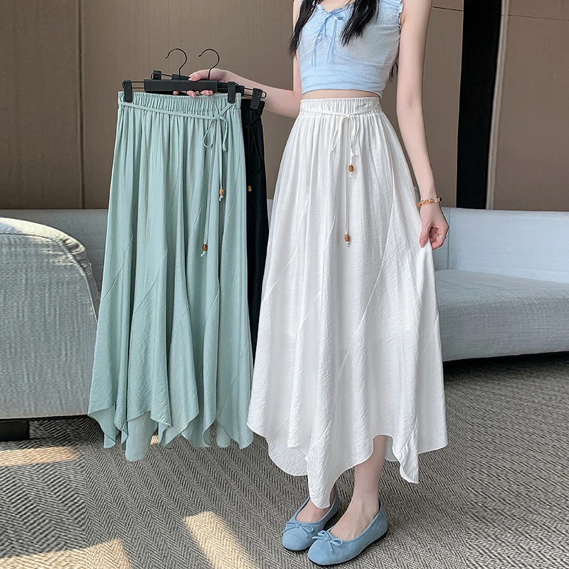 不规则褶皱系带半身裙女夏季松紧腰垂感a字裙中长款大摆伞裙女
