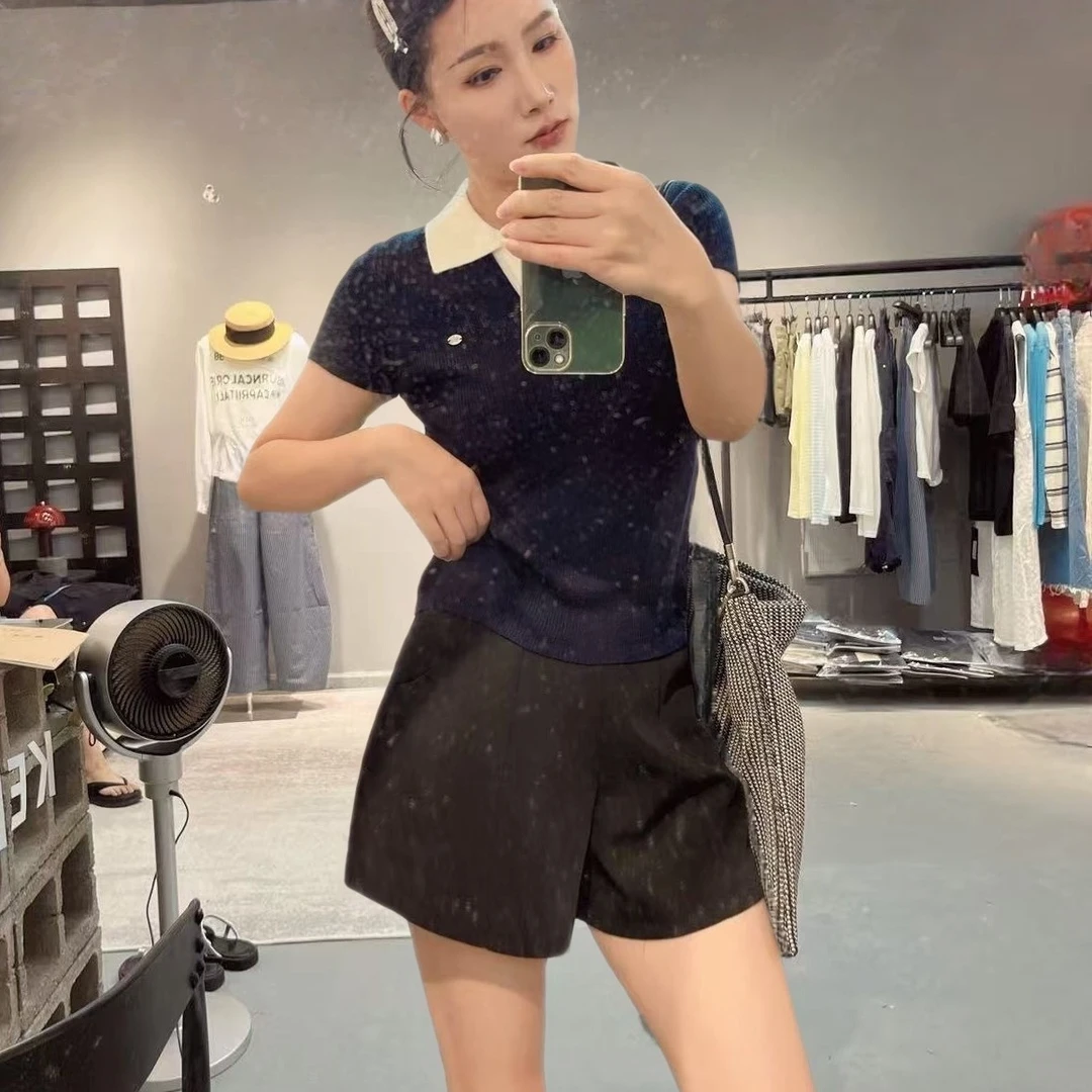 薄款百搭POLO短袖夏季拼接上衣减龄时尚女针织衫