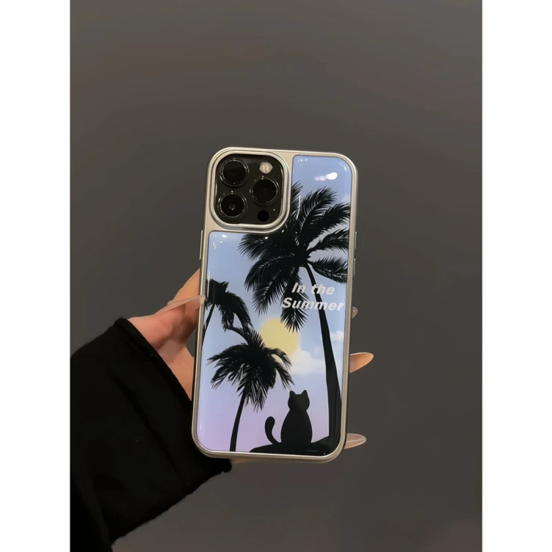 椰树猫咪背影适用苹果16pro电镀大孔相框手机壳iphone15可爱华为p