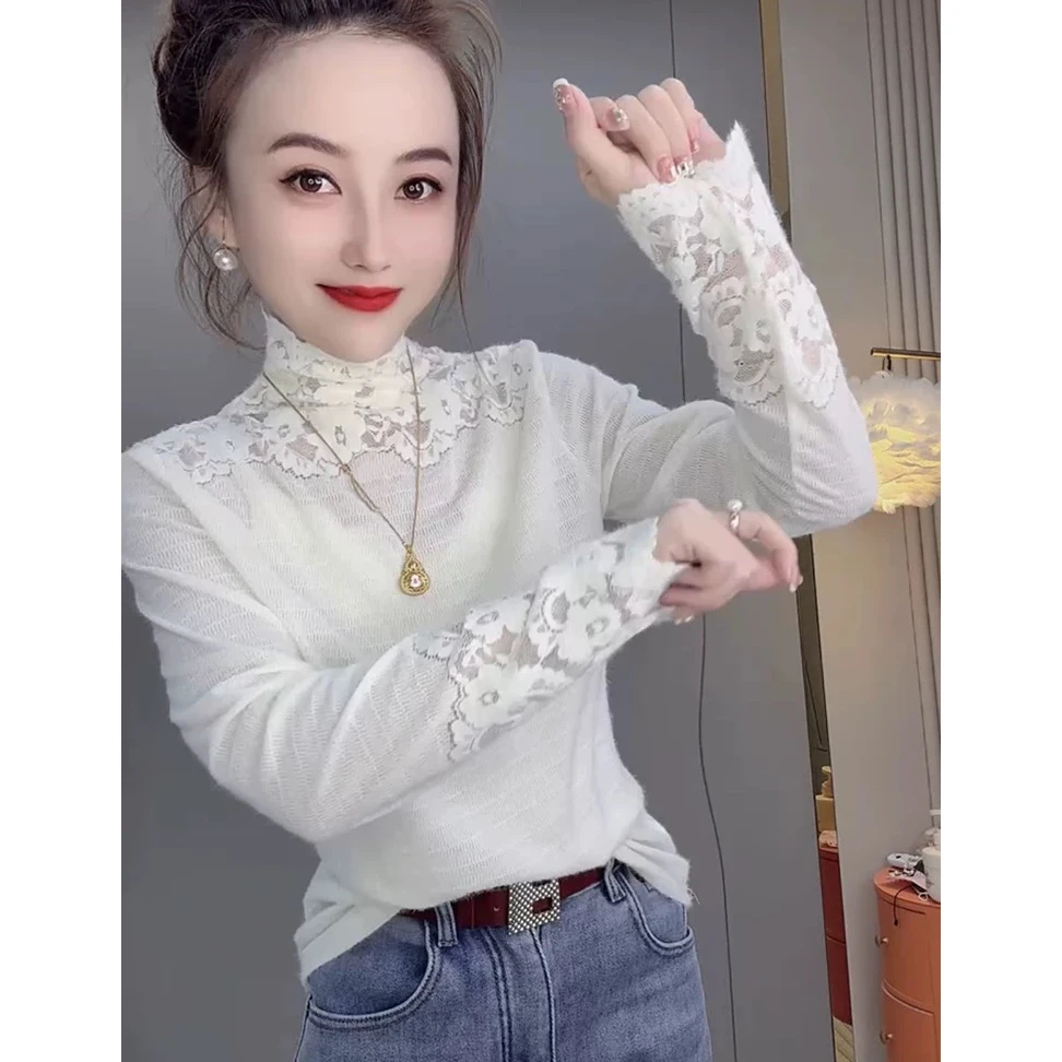 小众洋气别致漂亮蕾丝小衫女2025冬季新款高领洋气百搭长袖上衣潮