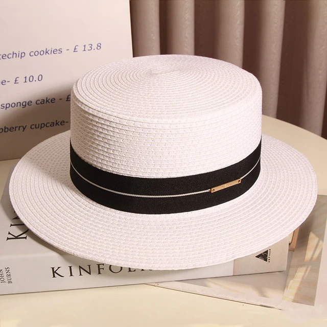 草帽女夏天法式复古优雅平顶礼帽时尚休闲遮阳帽出游度假防晒帽子