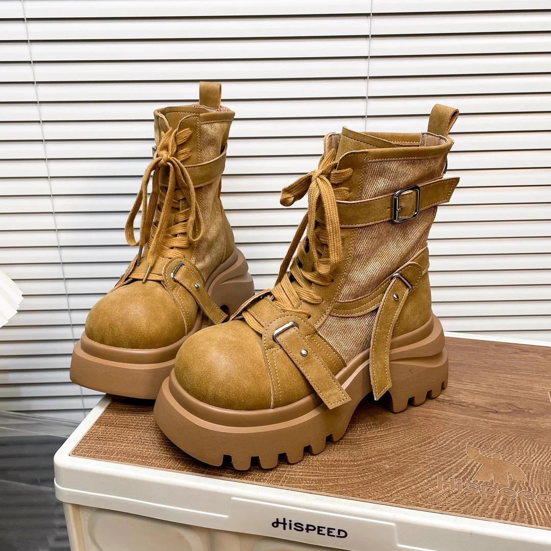 厚底帆布大头马丁靴女2025新款百搭大黄靴增高小个子短靴女机车靴