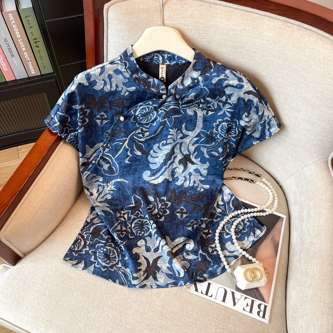 夏季新款新中式青花瓷高级感复古国风印花时尚洋气遮肉显瘦衬衫女