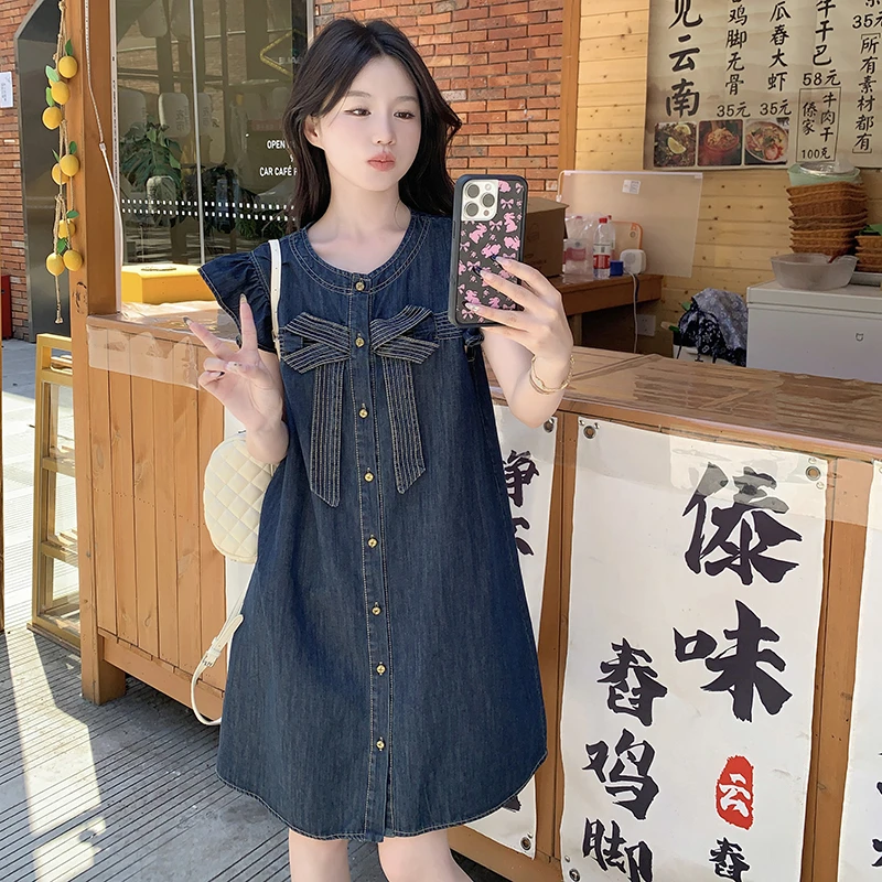 蝴蝶结减龄小飞袖牛仔连衣裙女夏季2025新款时尚小清新爆款小个子
