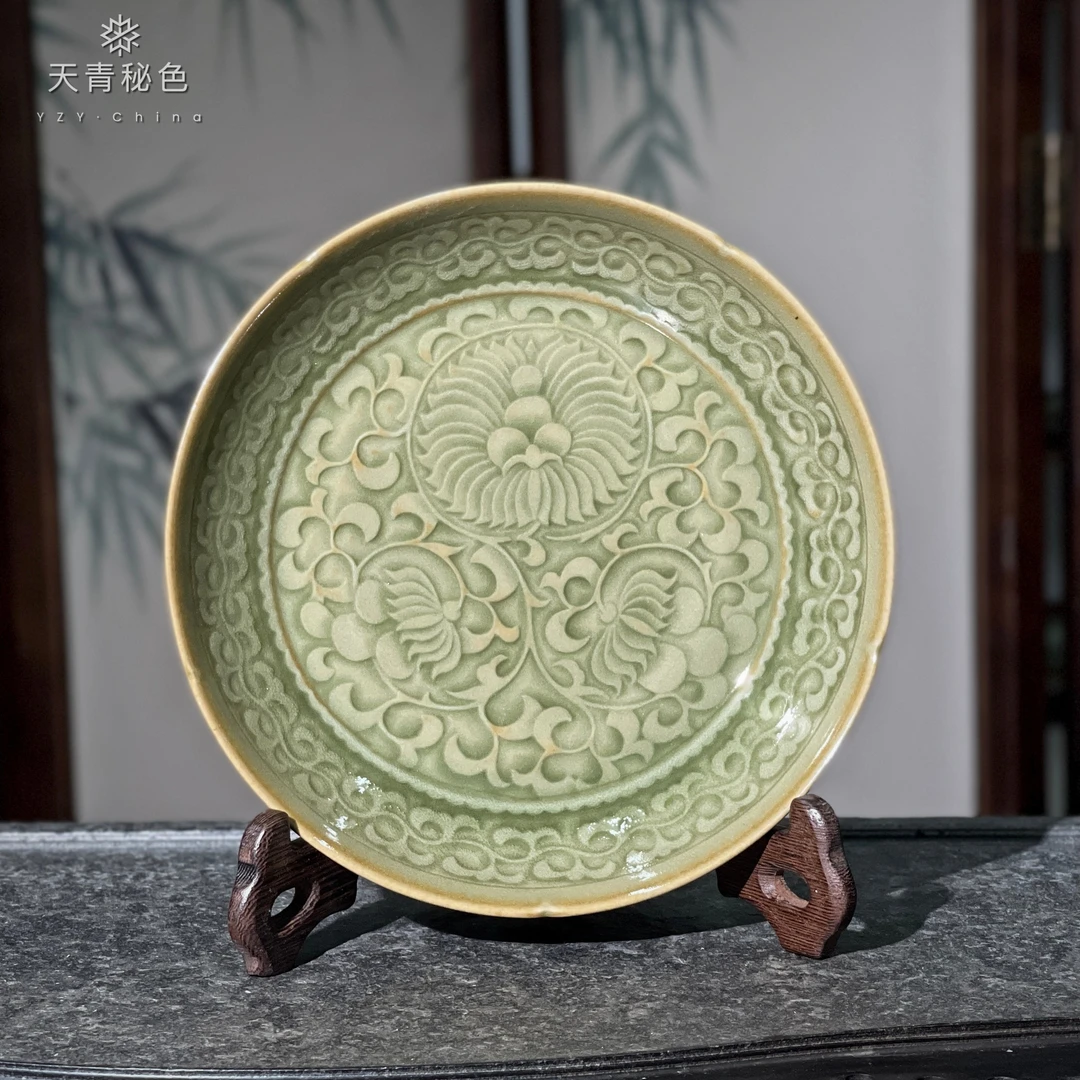 当代 长安知己耀州窑青瓷复古茶盘刻花壶承仿古团菊纹葵口盘18cm