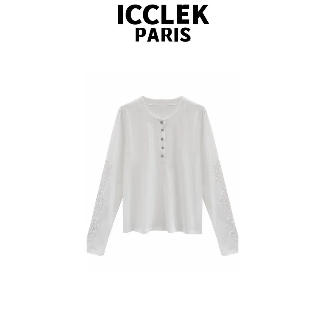ICCLEK 轻奢白色加绒圆领刺绣长袖气质百搭秋冬打底 - 9268
