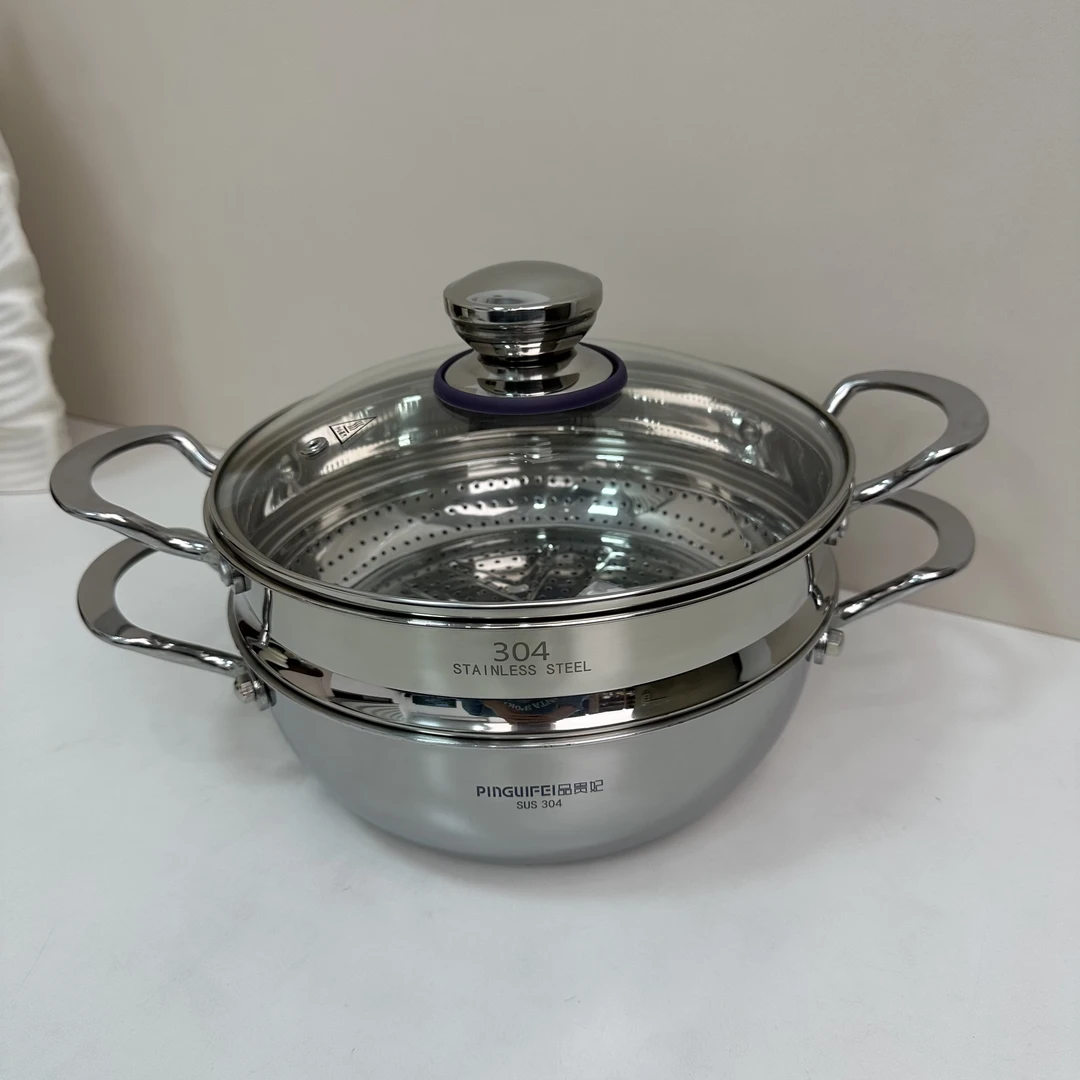 双层不锈钢蒸锅304镜光汤锅蒸锅海鲜锅加厚轻奢双耳锅炖锅