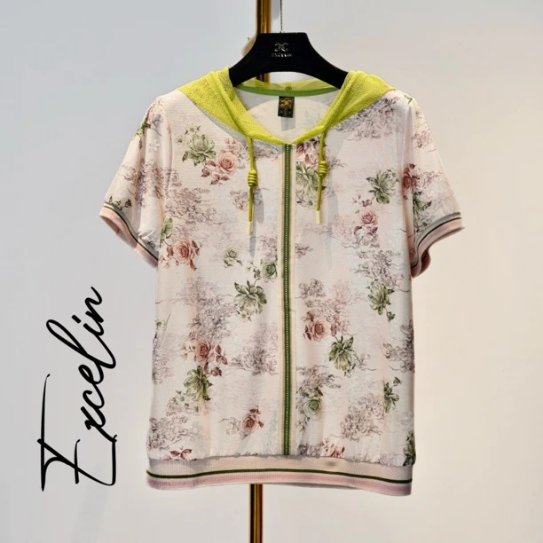 【清新雅致冰丝帽衫短袖】夏季新款洋气穿搭高档显瘦女士出行T恤