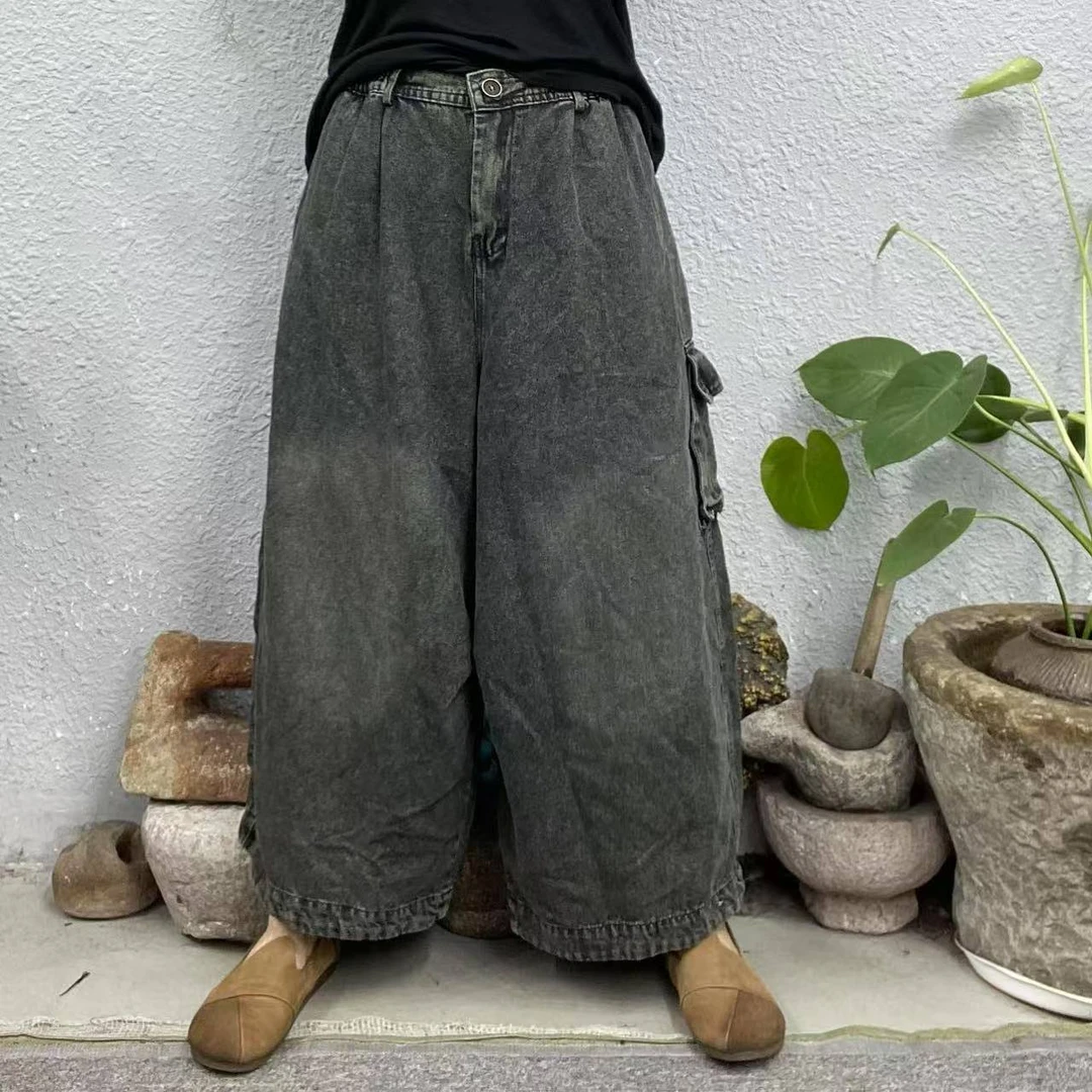 2620091秋复古蓝纽扣右腿口袋后腰松紧牛仔裤（长88臀围126脚口66