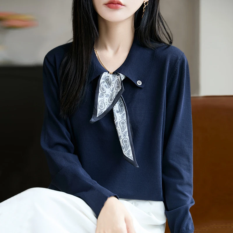 大码女装针织打底衫春秋2025新款宽松遮肚子翻领丝巾内搭上衣毛衣