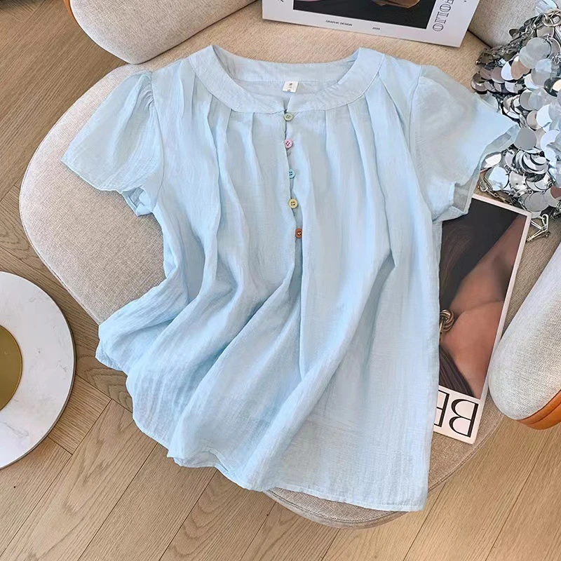 夏季温柔慵懒风甜美短袖上衣飞飞袖白色湖蓝色其它8091