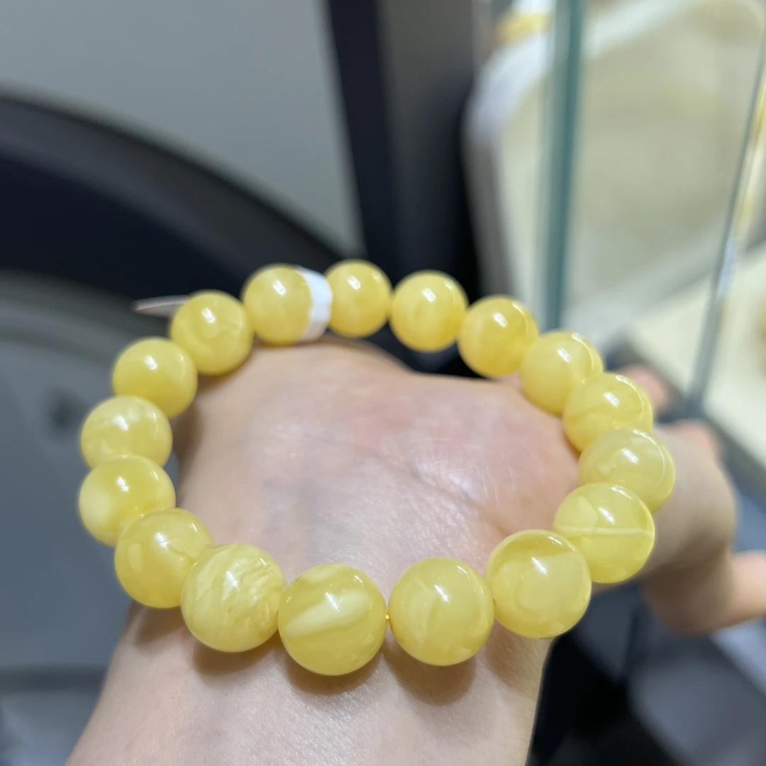 天然蜜蜡俄料浓白花蜡圆珠手串11㎜➕