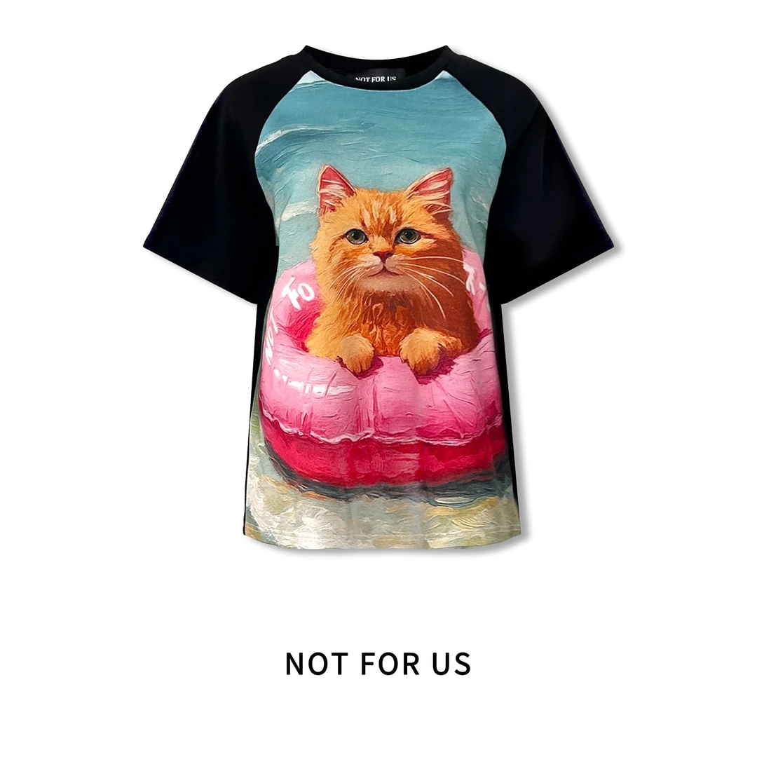 NOT FOR US 黑色橘猫游泳圈印花短袖
