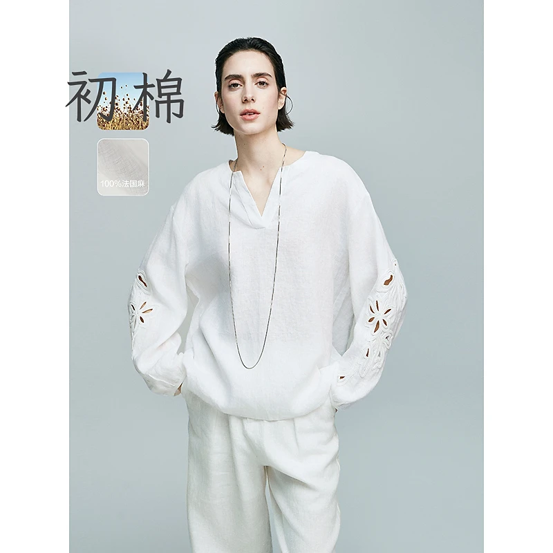 初棉25SS 【国风】绣花灯笼袖雨露麻衬衫 363604007