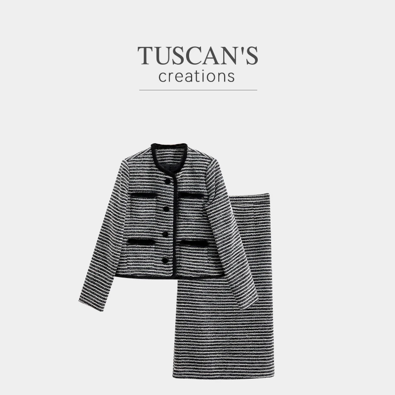 TUSCAN'S CREATIONS小香风毛呢法式时尚套装粗花呢上衣休闲风