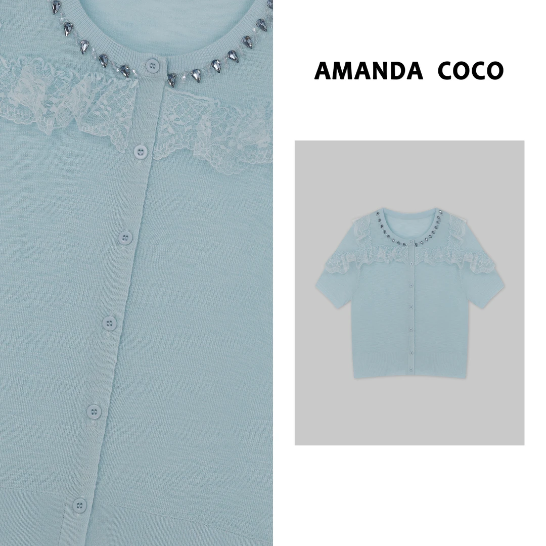 AMANDACOCO 静静 | 夏季法风串钻蕾丝拼接甜美减龄短袖针织衫