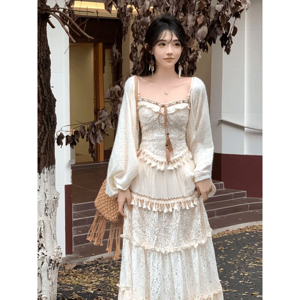 旅游穿搭 波西米亚度假风三件套秋季新款温柔重工上衣显瘦半身裙