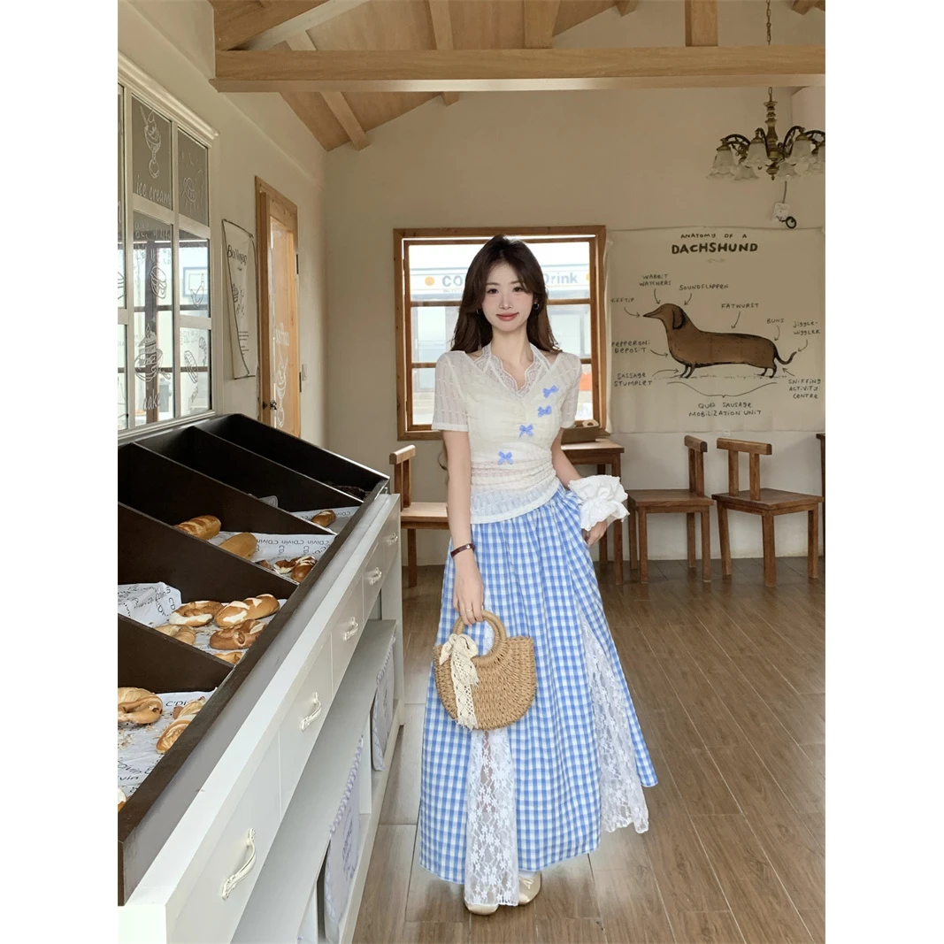 胖mm夏季甜美超仙显瘦挂脖假两件上衣女新款设计感蝴蝶结侧边绑带