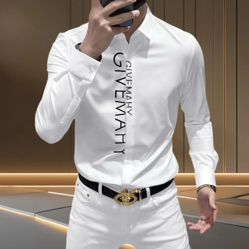 高端时尚暗扣衬衫男士长袖潮牌商务修身弹力抗皱丝滑免烫衬衣男士