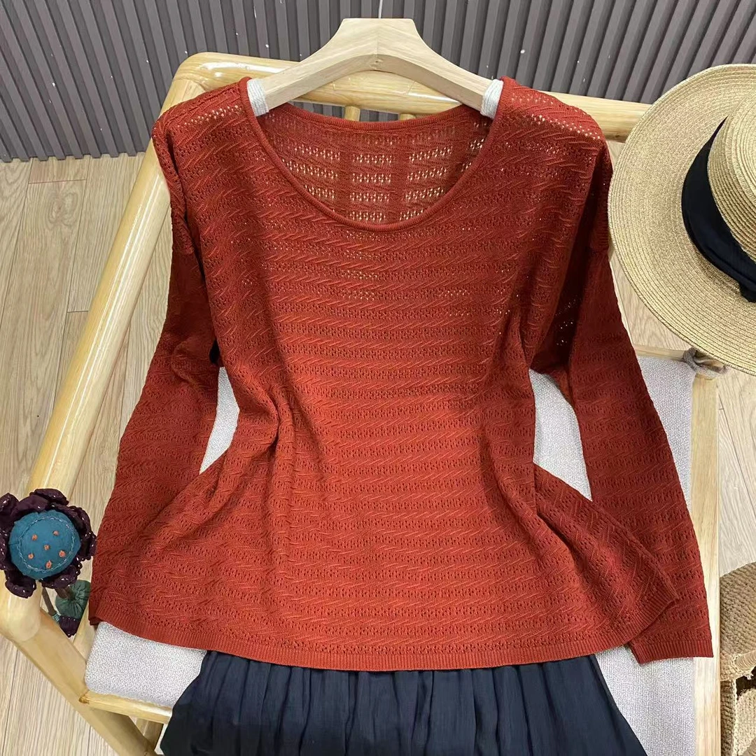 镂空圆领长袖针织衫套头天丝亚麻纯色宽松百搭罩衫女Z371