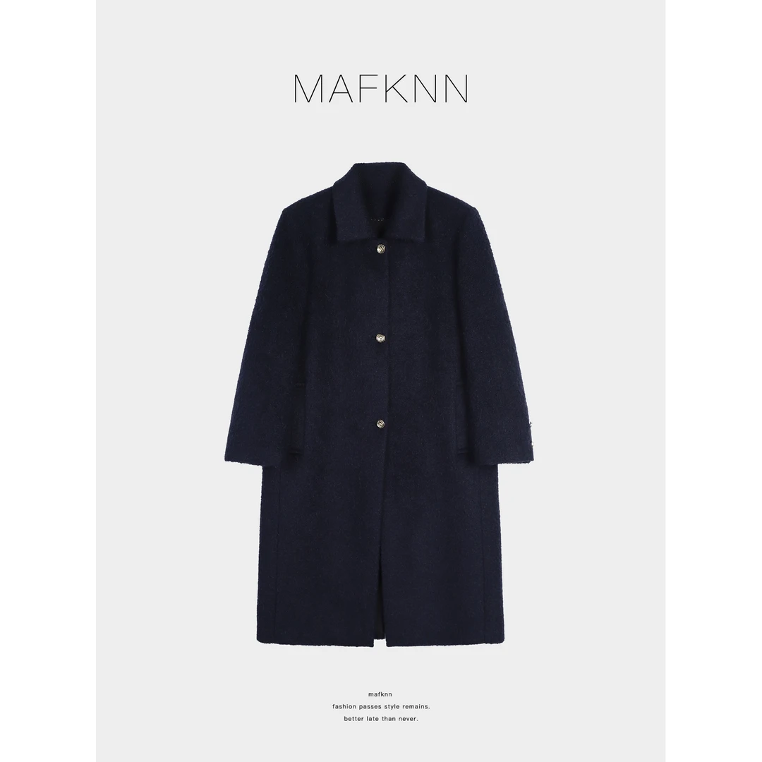 MAFKNN/玛肯时尚休闲简约纯色百搭中长款毛呢大衣MK13371