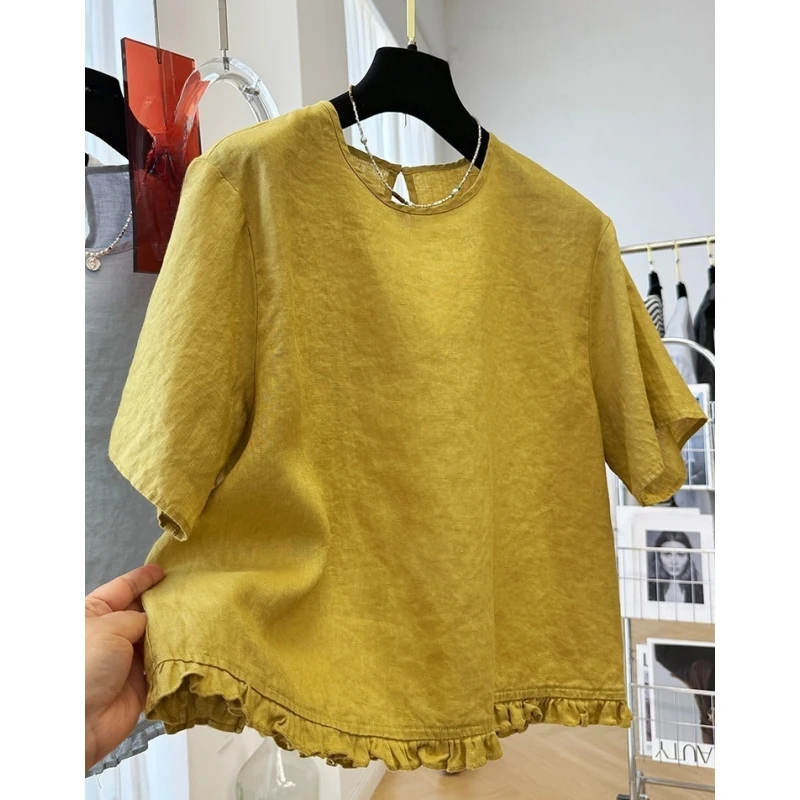 女夏季法式高端气质超好看亚麻木耳边圆领短款薄衬衫小衫短袖上衣