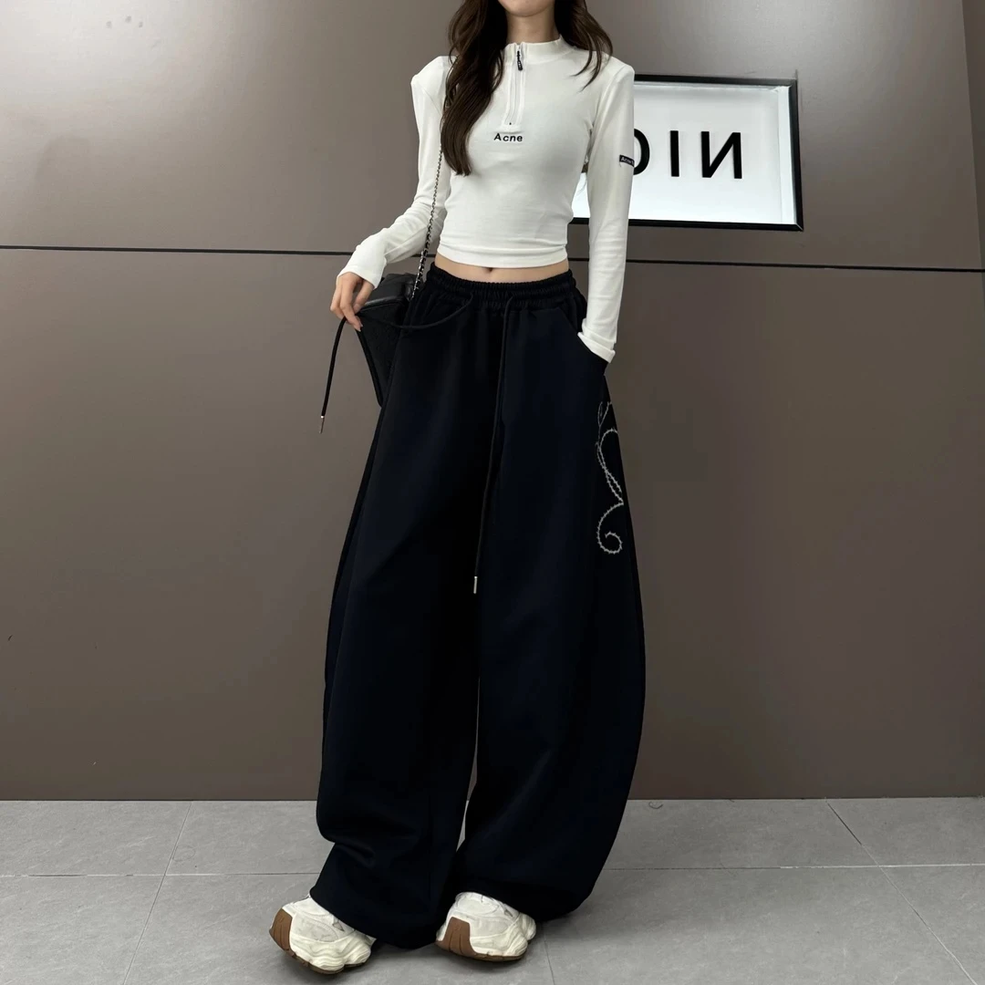 美式街头爵士舞运动裤女秋季新款千禧玫瑰重工刺绣宽松阔腿休闲裤