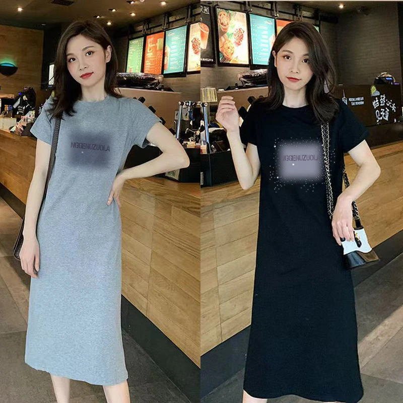 中长款短袖连衣裙遮肉显瘦夏季新款宽松中长长t裙懒人裙T恤裙女