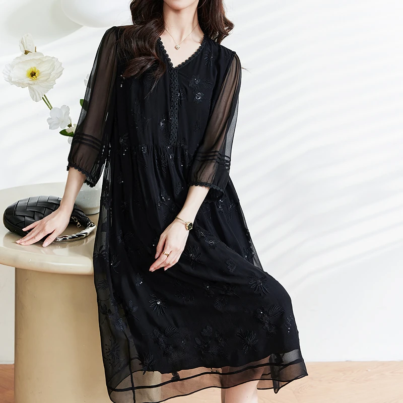 E5298桑蚕丝连衣裙秋季新款气质v领通勤宽松真丝裙子女