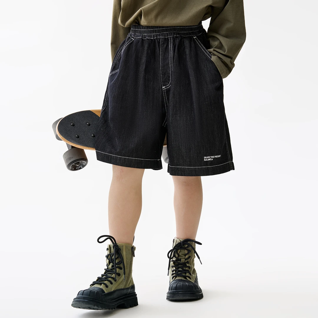 KALAM1LE【休息日】儿童亲子夏季百搭宽松黑色纯棉牛仔短裤x2323