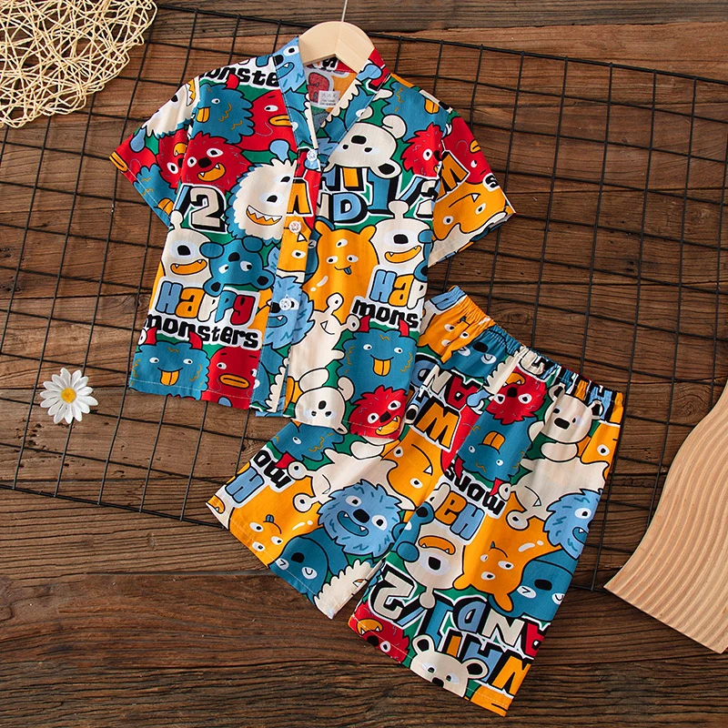 夏季儿童家居服男童女童薄绵绸短袖短裤夏天宝宝女孩棉绸睡衣套装