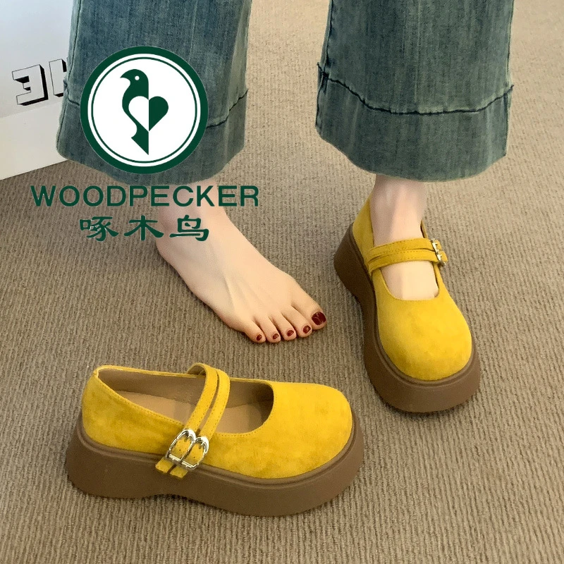 啄木鸟厚底黄色勃肯鞋女2025新款法式单鞋增高乐福鞋玛丽珍小皮鞋