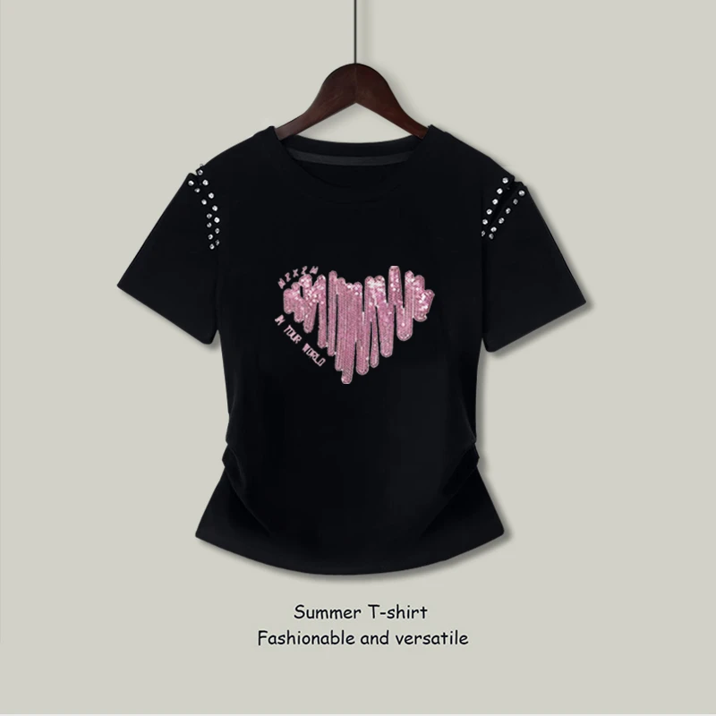 设计感爱心珠片绣钉珠短袖T恤女2025夏季新款时尚气质显瘦女上衣