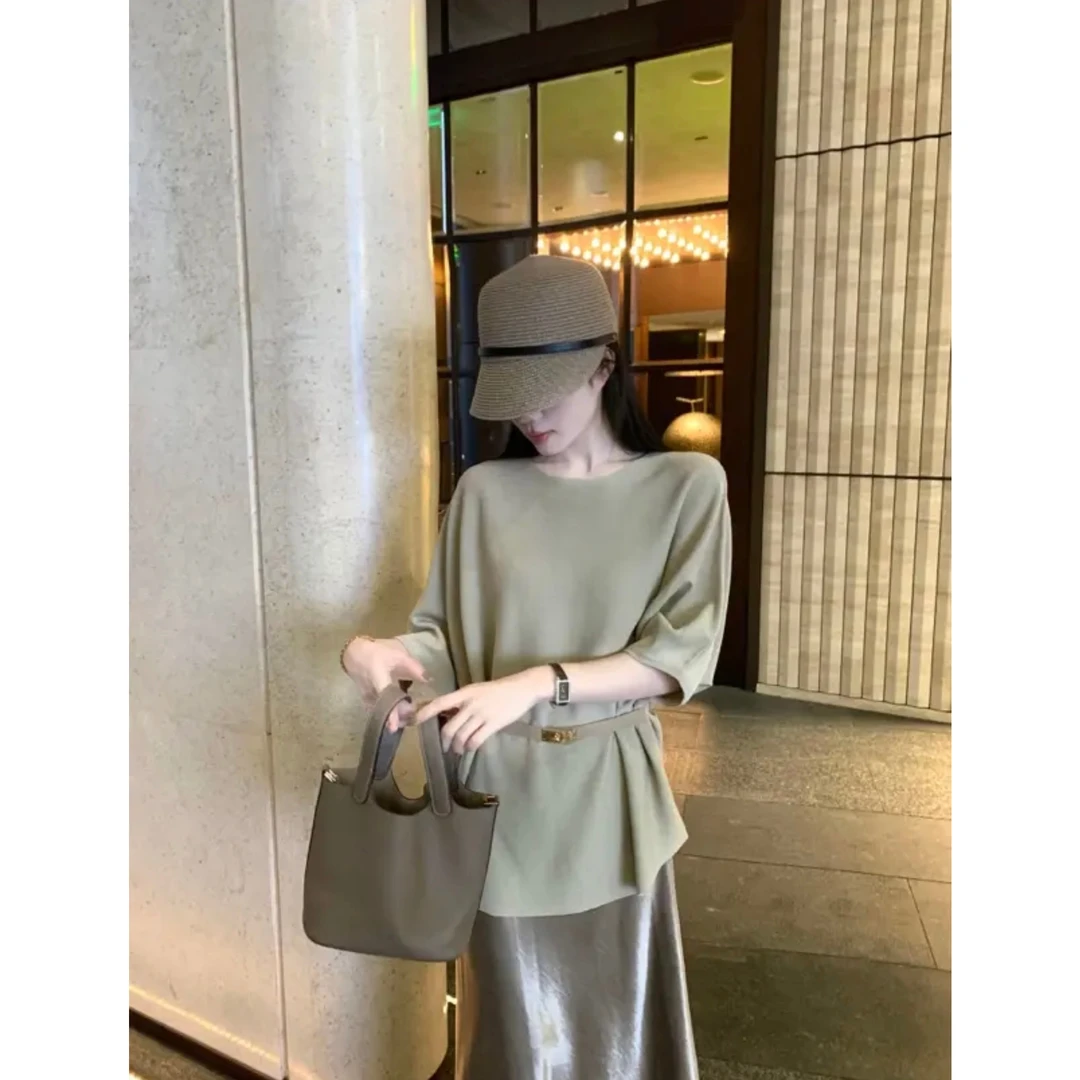 高品质高级圆领冰丝老钱风宽松上衣配腰带+半身裙