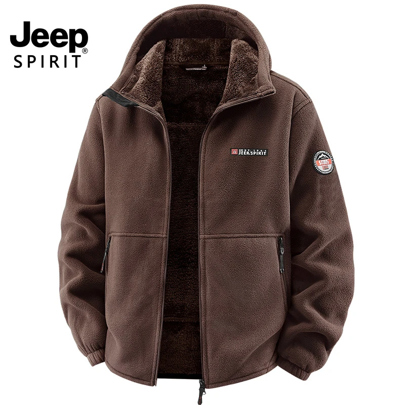 JEEPSPIRIT吉普加绒摇粒绒外套男士秋冬季保暖连帽卫衣加厚羊羔绒