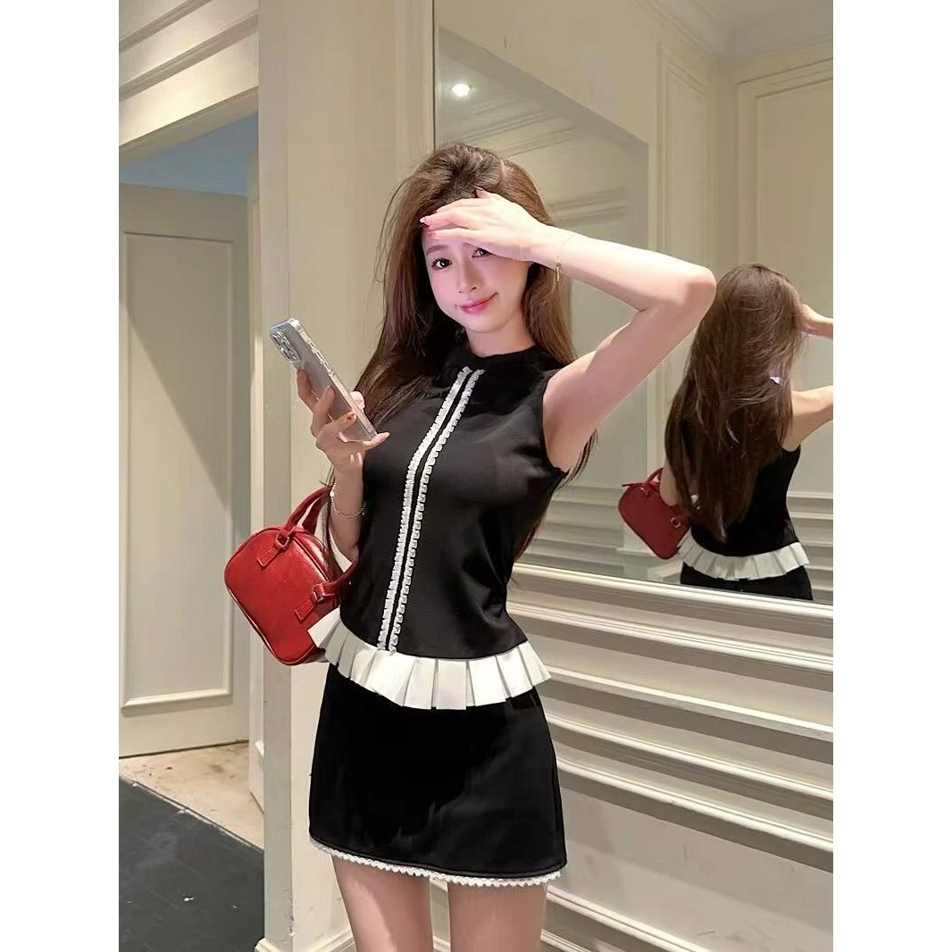 美式辣妹芭蕾背心套装裙女夏季时尚显瘦黑色上衣包臀短裙两件套