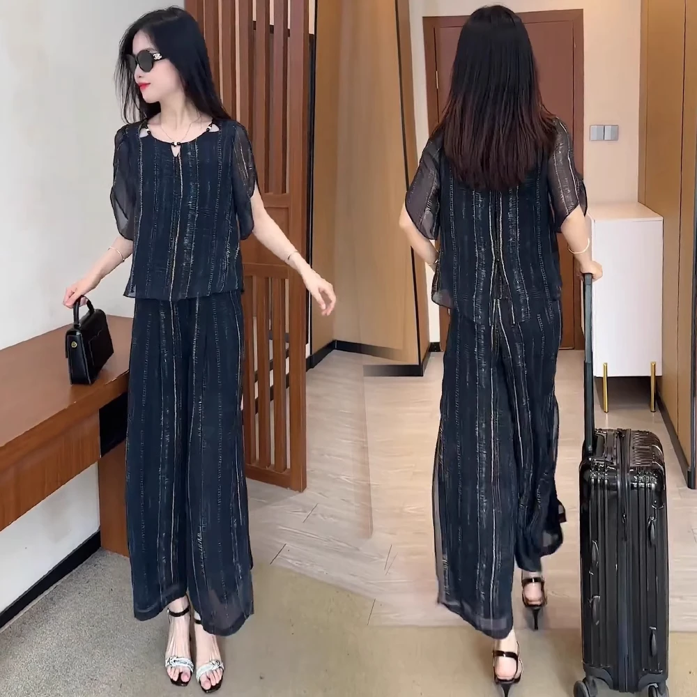 时尚套装女2025夏季新款设计感洋气减龄宽松短袖上衣阔腿裤两件套