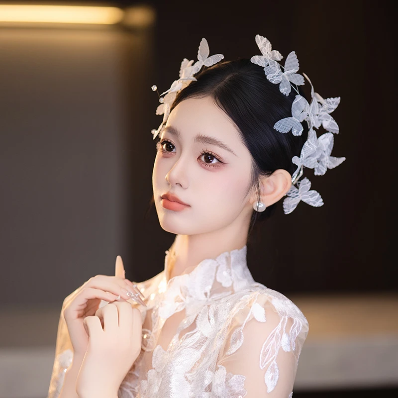 非金属布艺婚庆饰品 新娘新款蕾丝蝴蝶简约白月光婚礼发夹MC3089