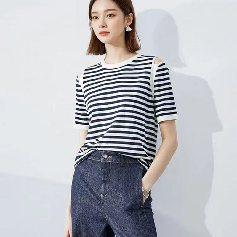 设计感宽松条纹针织衫女2025新款夏季时尚休闲百搭冰丝露肩-ZZ