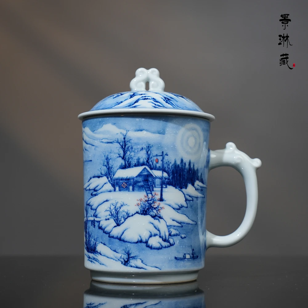 景琳藏冬日暖阳办公杯450ml景德镇釉下彩 全手工中式青花手绘茶具