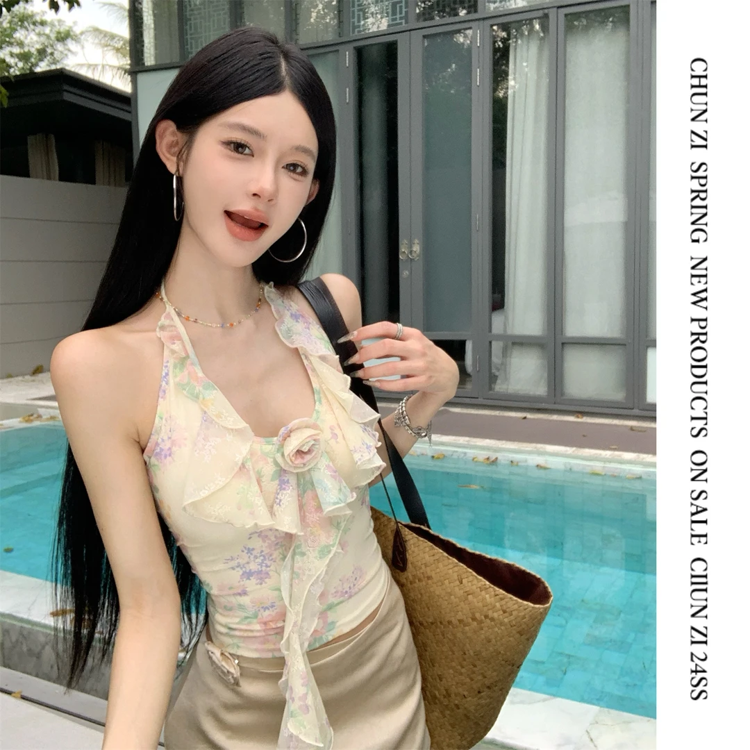 【CHUN ZI】复古法式印花蕾丝挂脖吊带女夏季辣妹立体花朵飘带上衣