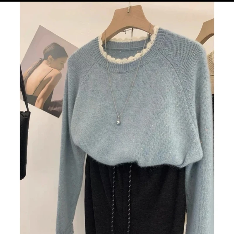【蓝色亮丝毛衣】韩系减龄百搭花边领针织套头毛衣 ZJC124