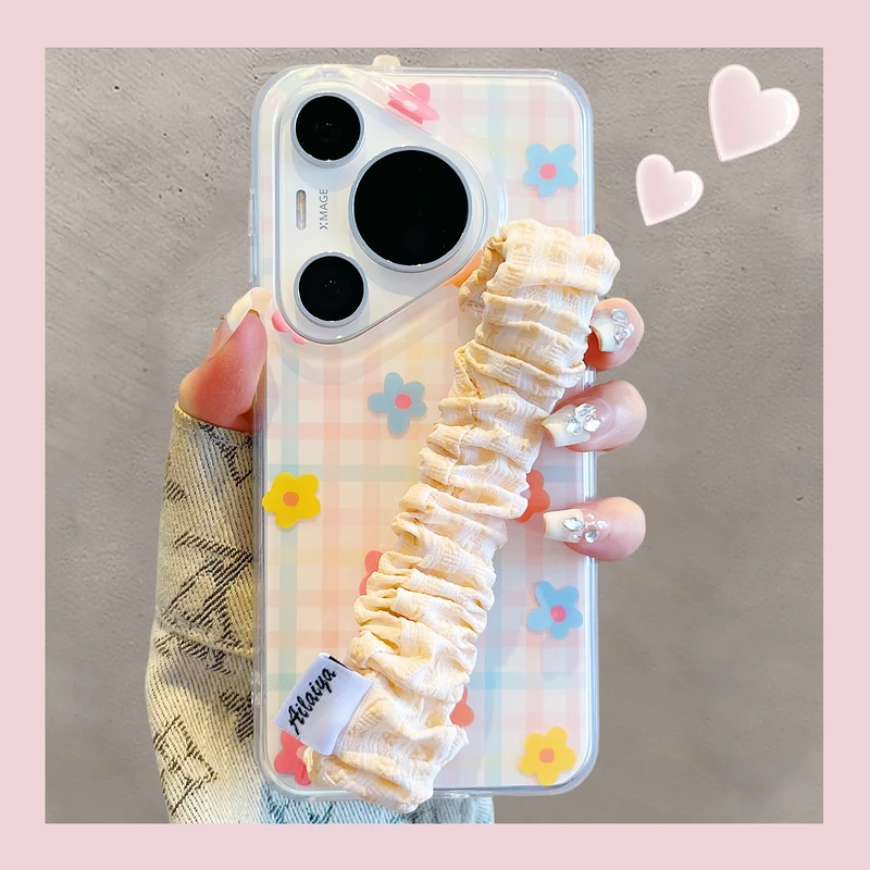适用华为Pura70pro+手机壳Pura80pro韩风ins清新格纹彩色花朵腕带