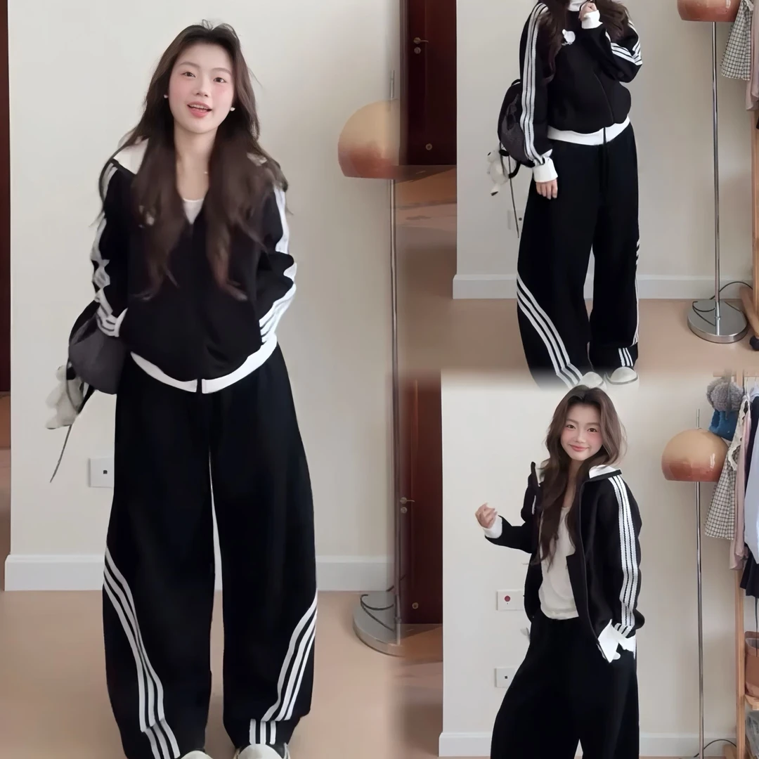 0432美式复古休闲风大码加绒立领长袖上衣高腰弯刀阔腿裤运动套装