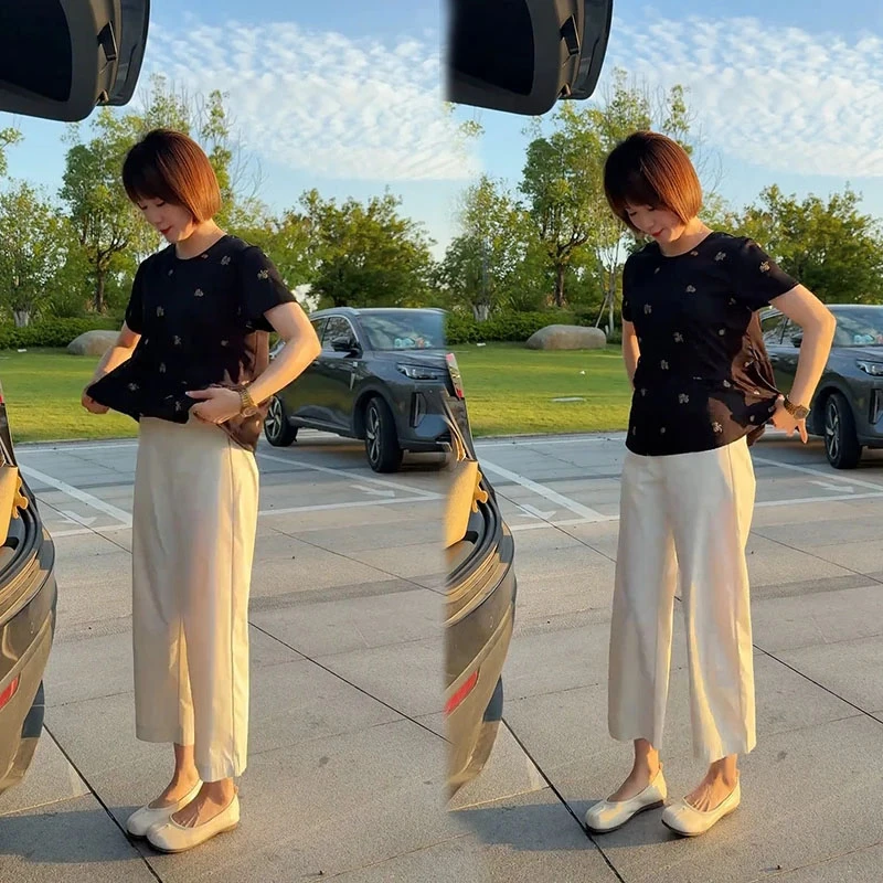 2025时尚夏季减龄短袖上衣圆领休闲风九分裤气质显瘦洋气两件套女