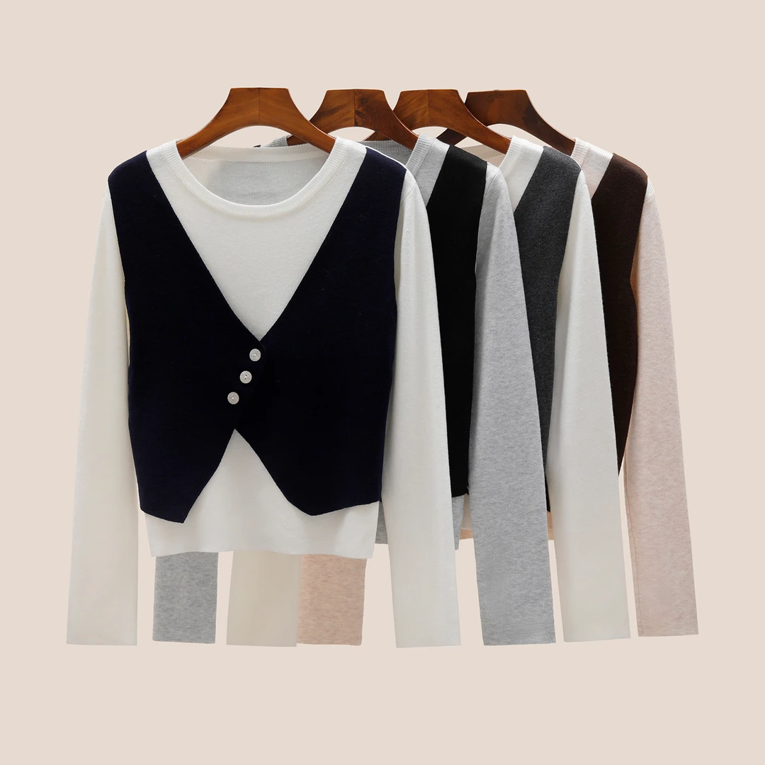 羊毛假两件针织衫女2025秋季设计感宽松圆领长袖拼接马甲小众上衣