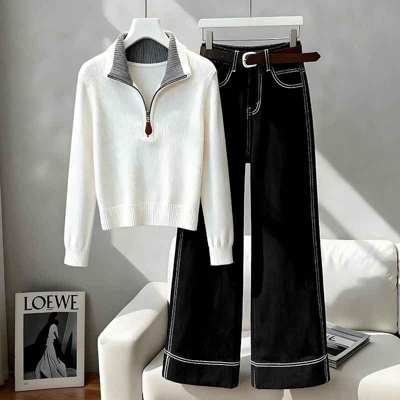 时尚慵懒风设计感撞色针织衫女秋冬新款小个子高腰直筒裤子两件套