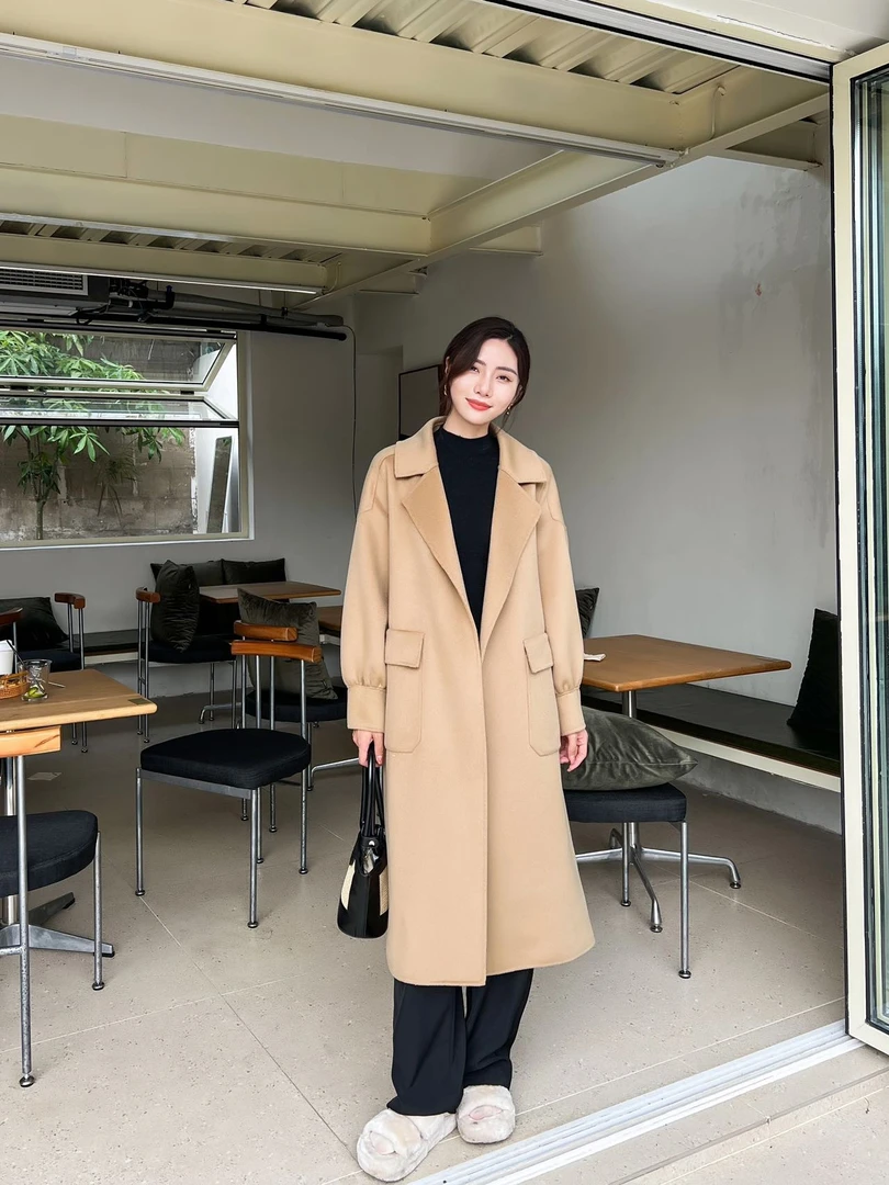 双面羊毛大衣灯笼袖裕袍长款女士经典款百搭时尚秋冬长款8801