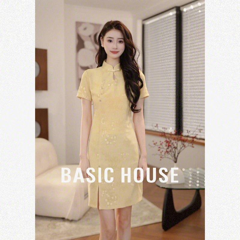 Basic House/百家好欧若新中式改良款黄色短款中国风旗袍B5P232