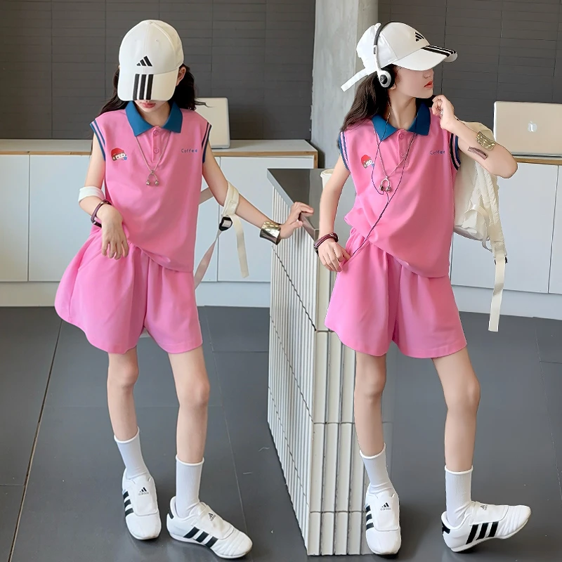 女童套装夏季2025新款洋气儿童无袖polo衫短裤薄款两件套运动夏装
